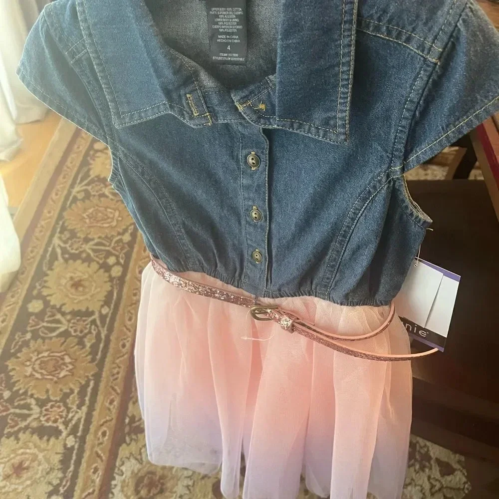 Zunie Kids' Dress size 4 Jean connected Top with Mesh Skirt & Pink Glitter Belt